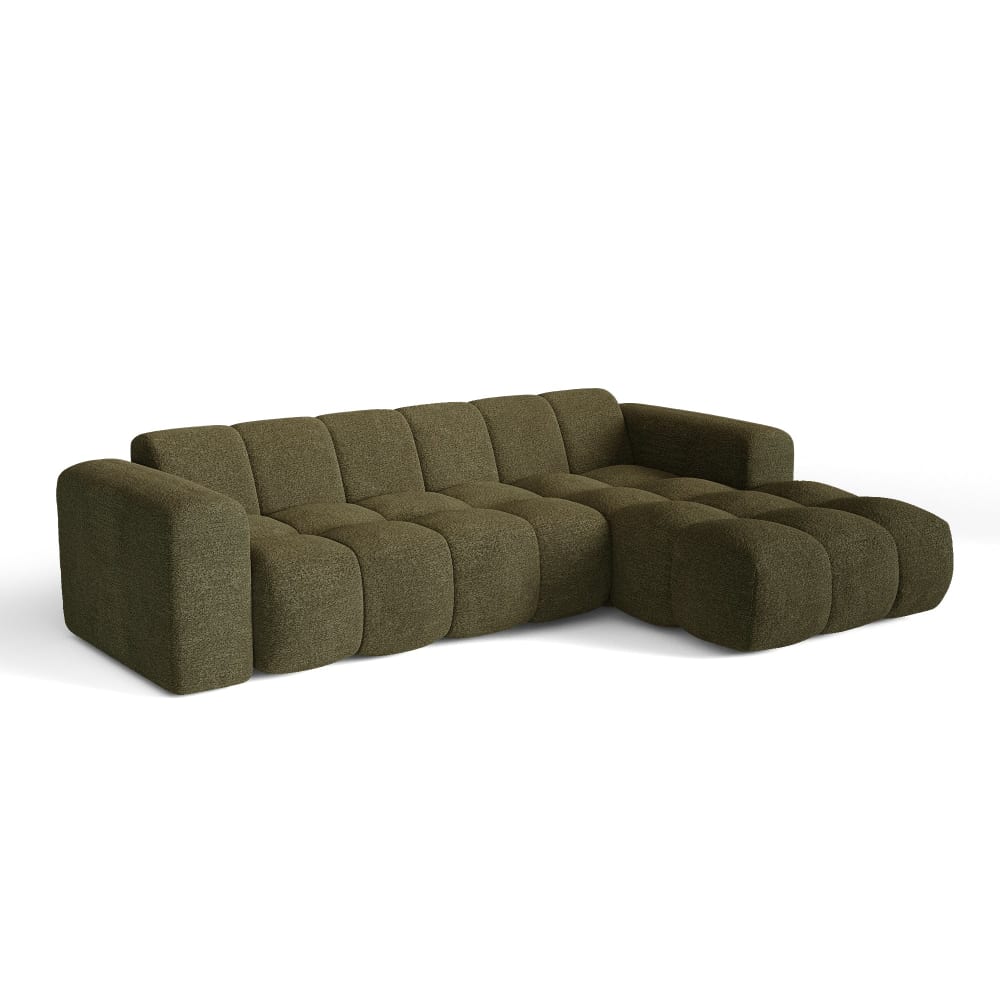Canapé d'angle droit 5 places en tissu bouclette vert olive