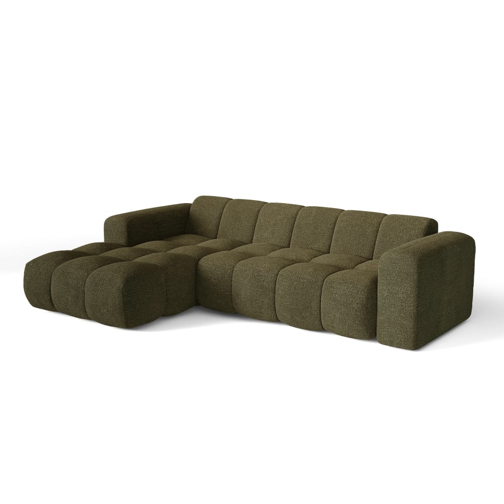 Canapé d'angle gauche 5 places en bouclette vert olive