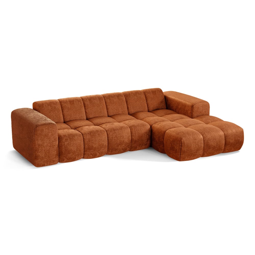 Canapé d'angle droit 5 places en velours gaufré terracotta