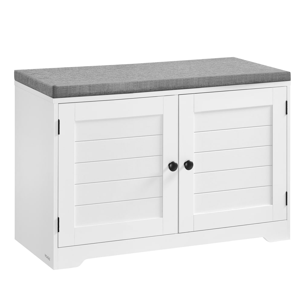 Banc à chaussures sur 3 niveaux avec portes et coussin blanc et gris