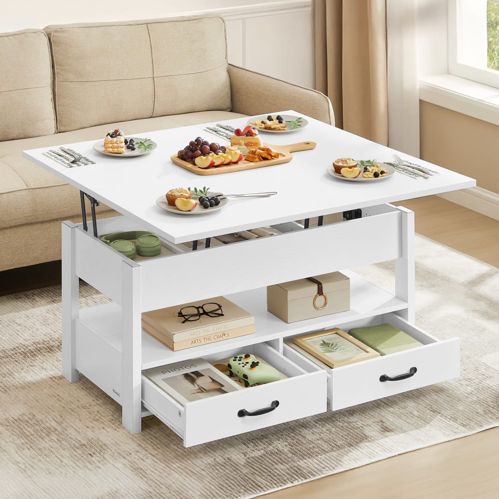 Table basse relevable vérin à gaz 2 tiroirs et 3 compartiments blanc