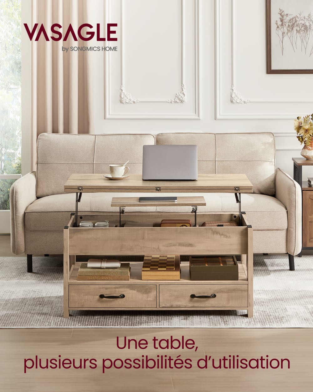 Table basse relevable vérin à gaz 2 tiroirs et 3 compartiments marron - image 2