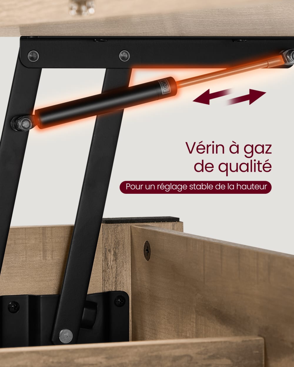 Table basse relevable vérin à gaz 2 tiroirs et 3 compartiments marron - image 3