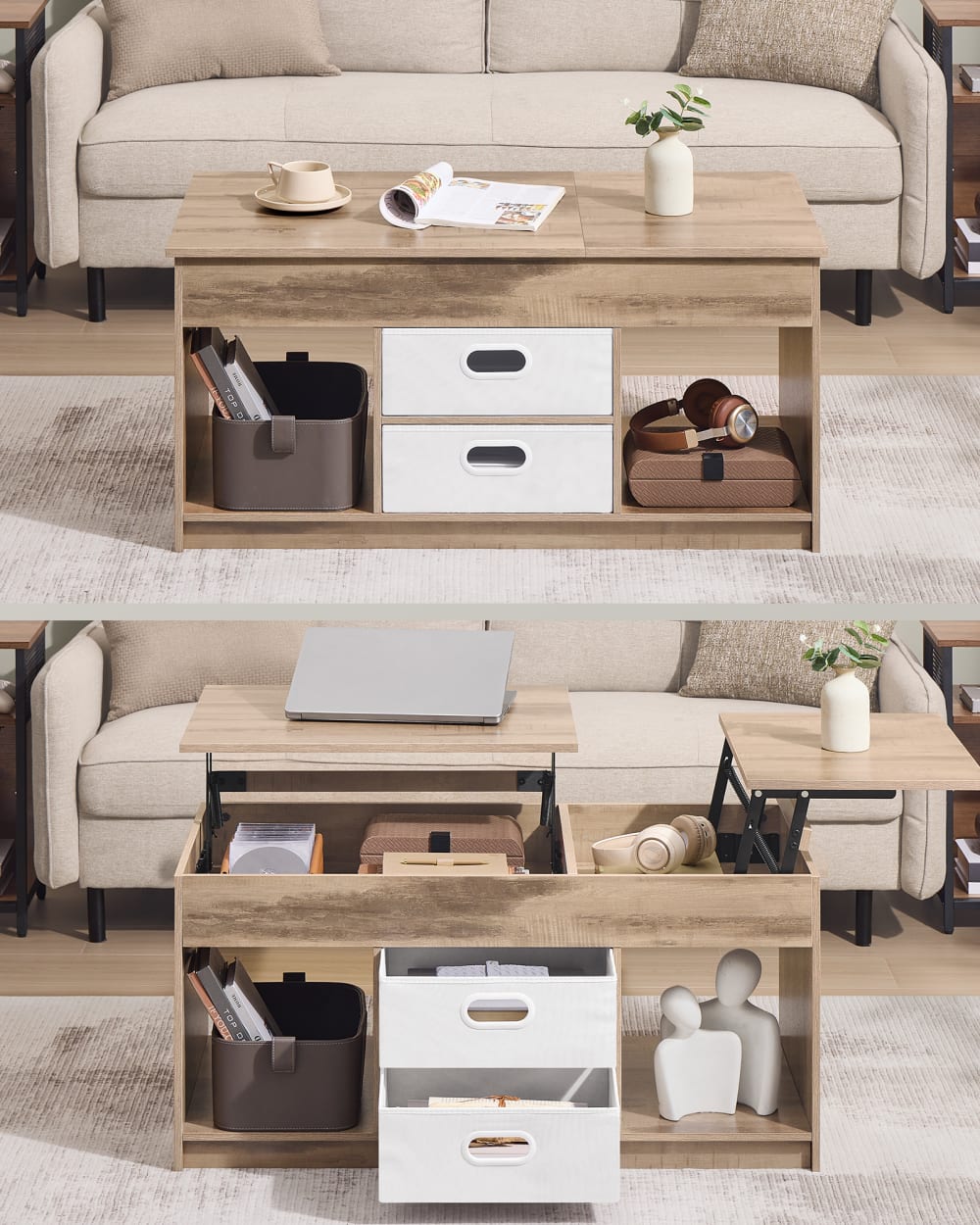 Table basse relevable avec 2 tiroirs marron camel et blanc nuage