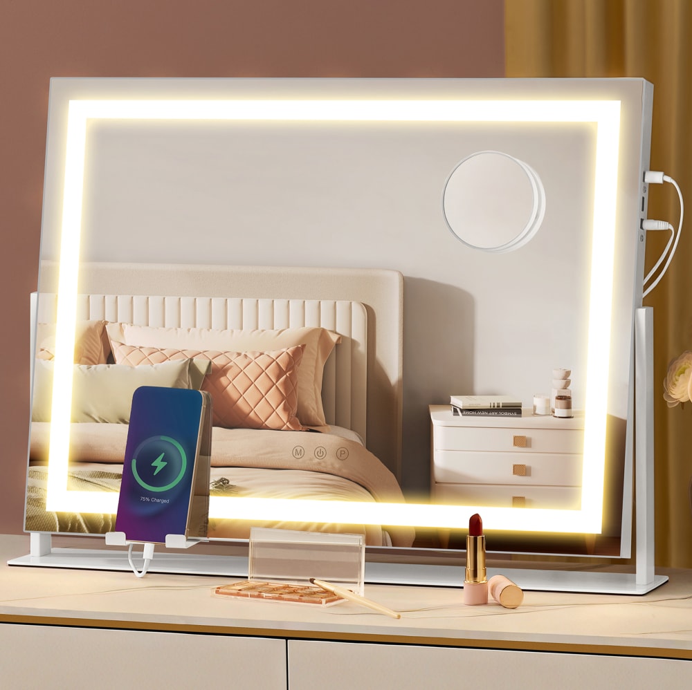 Miroir cosmétique grossissant 10x ports de charge pour coiffeuse blanc
