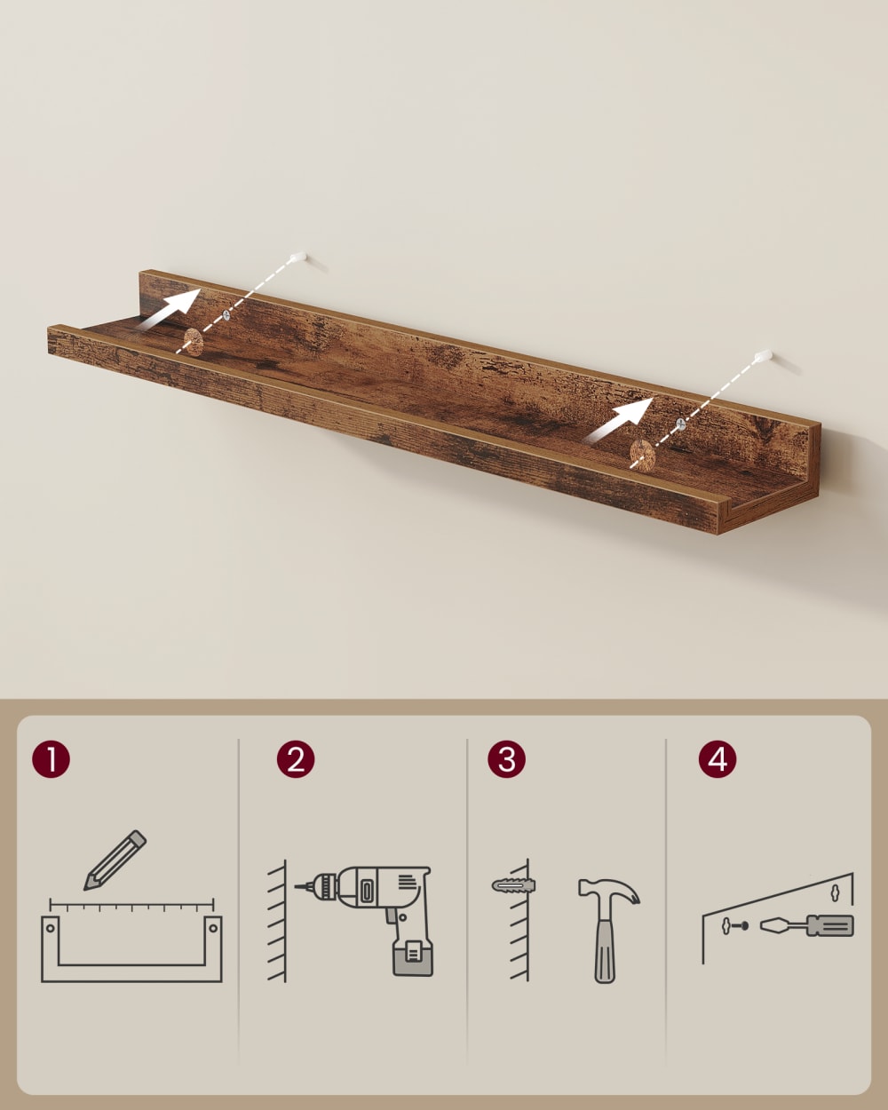 Étagères murales bois mdf avec bords hauts 60 x 10 x 5 cm marron — vue 4