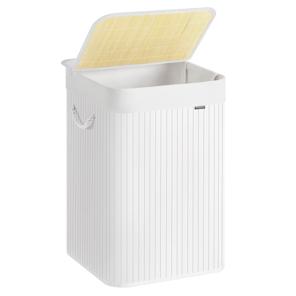 Panier à linge 95 l couvercle en bambou poignées pliable blanc