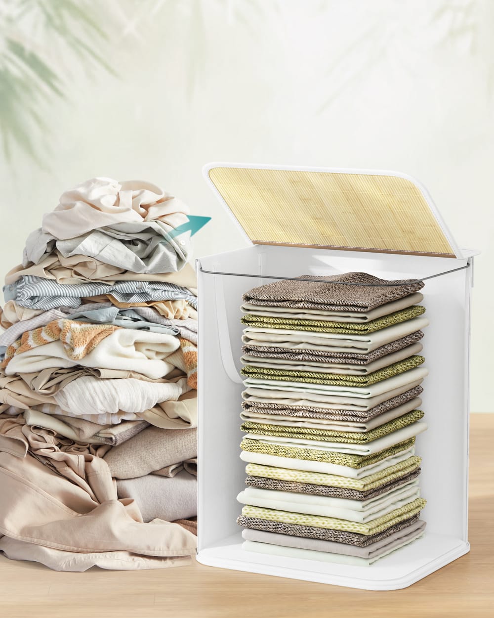 Panier à linge 95 l couvercle en bambou poignées pliable blanc — vue 3