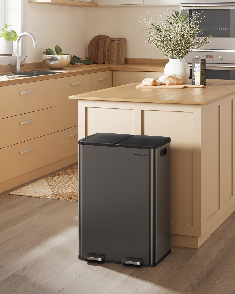 Poubelle de cuisine 2 x 30 l 2 compartiments poubelle à pédale gris