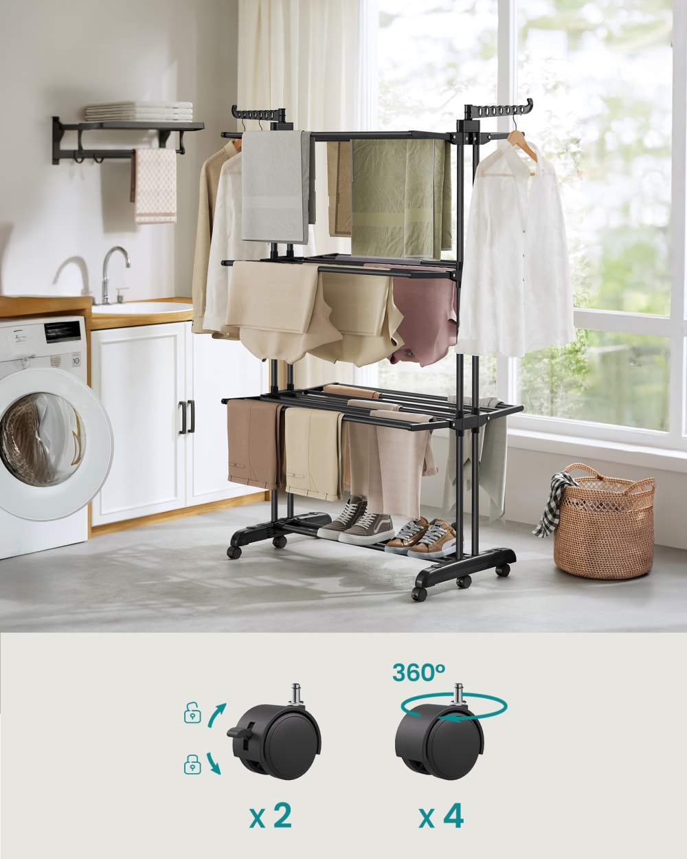 Étendoir à linge séchoir mobile à 4 niveaux avec roulettes noir — vue 3