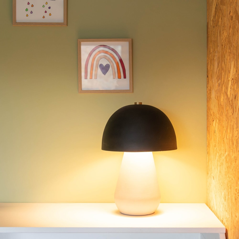 Lampe de table en terre cuite blanc cassé et noir, H 38 cm