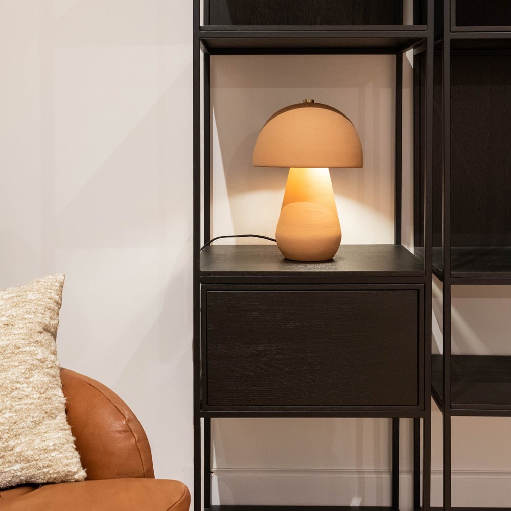 Lampe de table en terre cuite orange et beige, H 38 cm