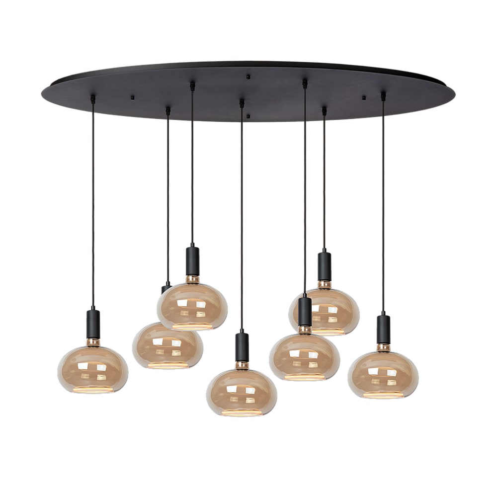 Lampe suspendue ronde 7 sources lumineuses en métal noir, 125 x 55 cm
