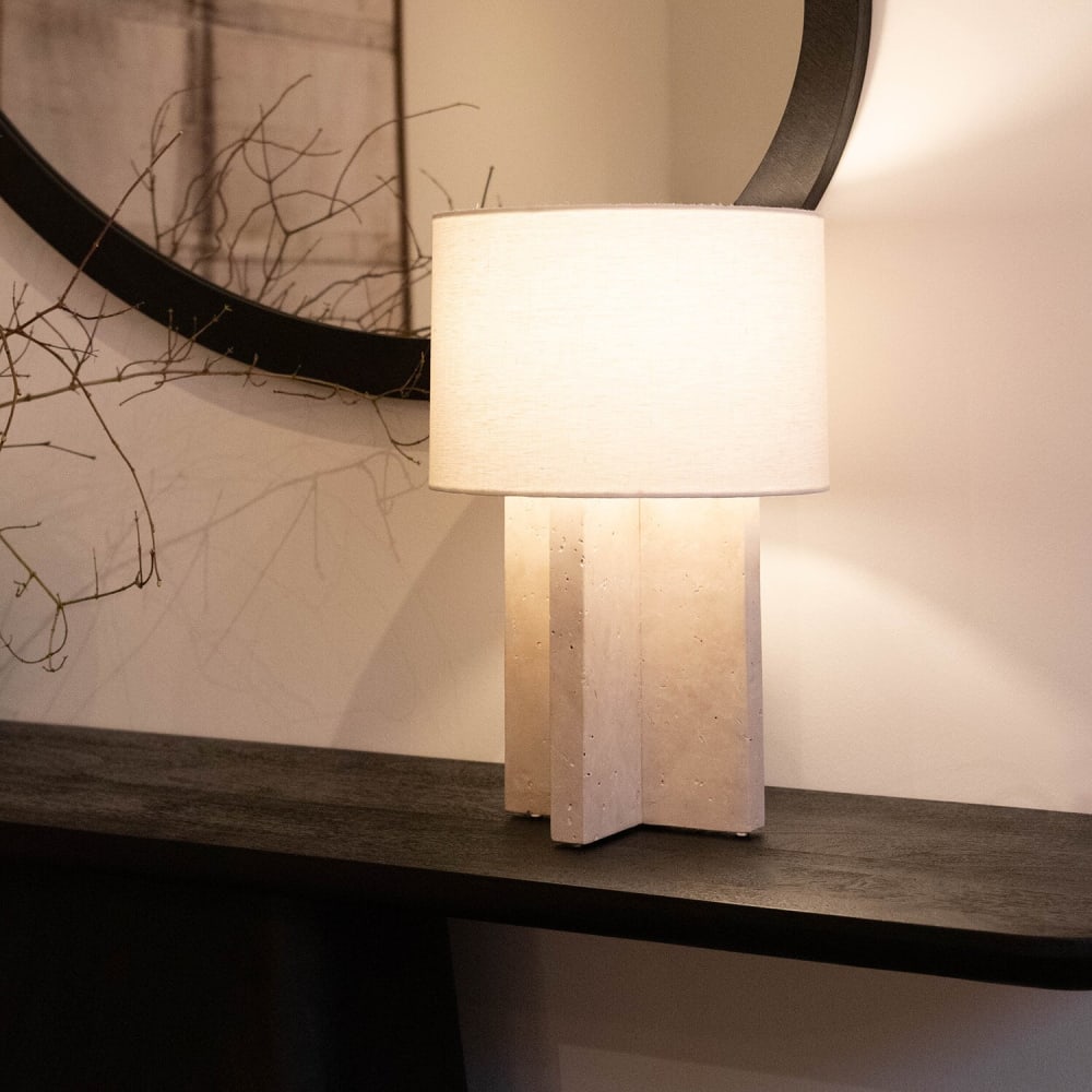 Lampe de table en travertin et abat-jour en lin blanc, ø 30 cm — vue 4