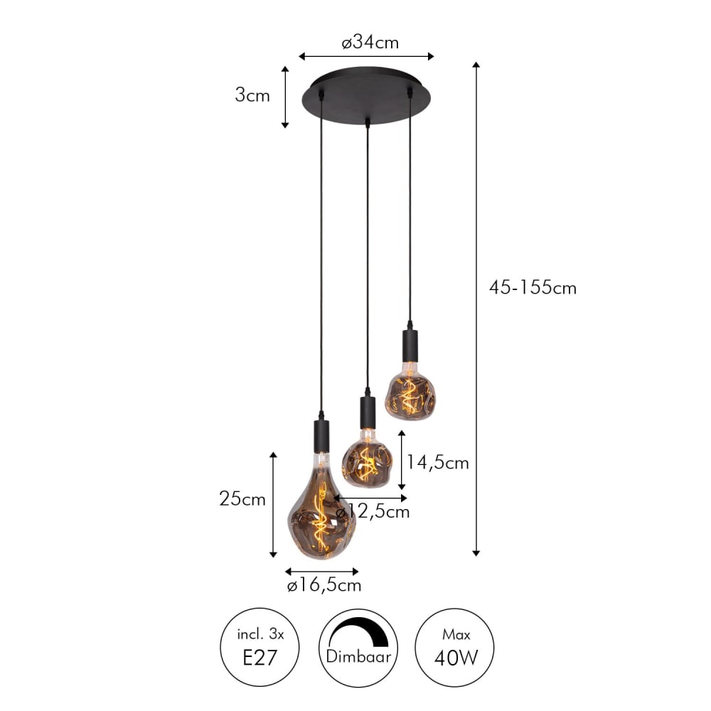 Hängeleuchte aus Metall, inklusive 3 LED-Lampen, 40W, Schwarz -
