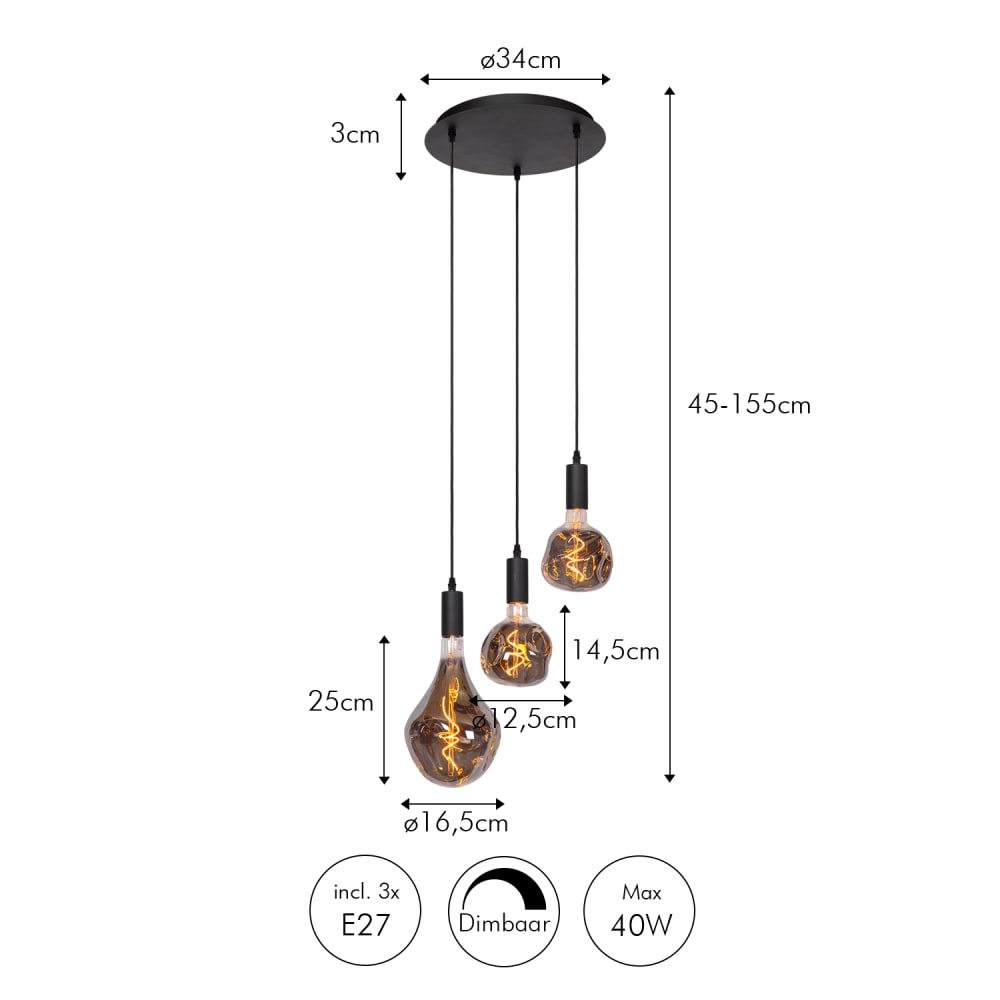 Lampe suspendue en métal noire avec 3 ampoules led 40 w — vue 4