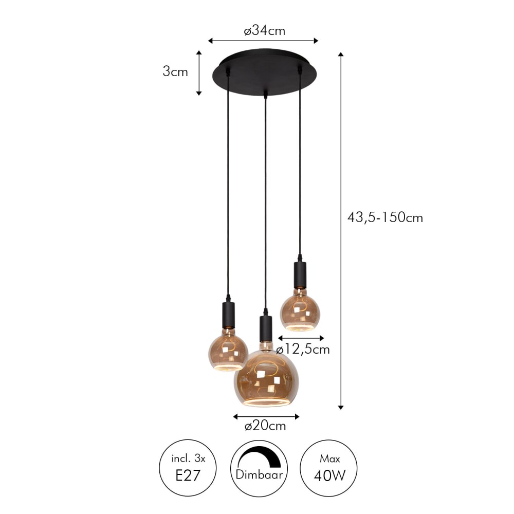 Hängeleuchte aus Metall, inklusive 3 LED-Lampen, 40W, Schwarz -
