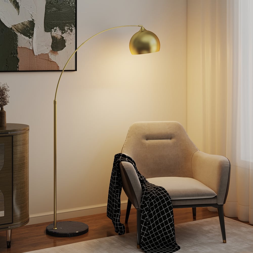 Lampadaire arc arceau courbé design marbre noir abat-jour globe chromé