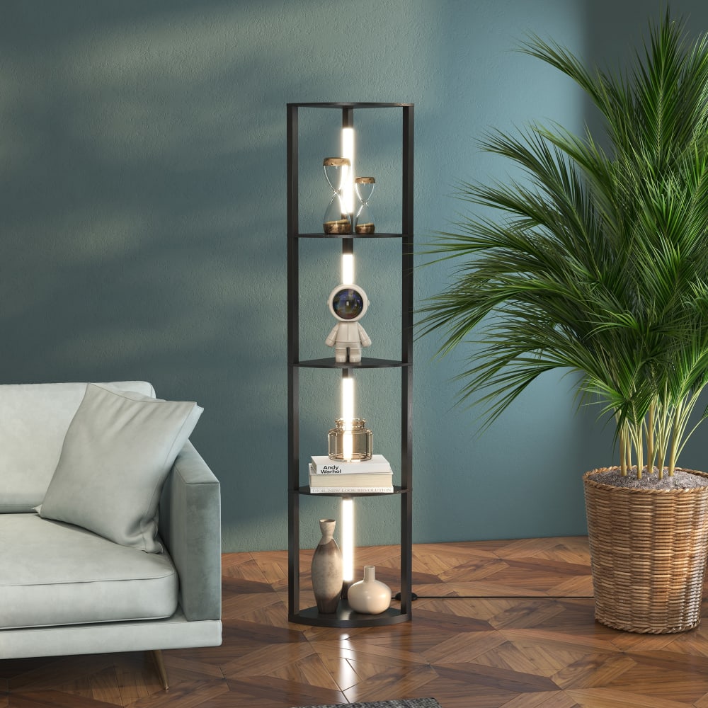 Lampadaire sur pied salon d'angle avec étagères à 4 niveaux mdf noir — vue 3