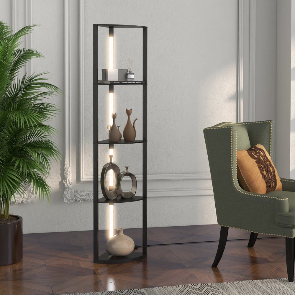 Lampadaire sur pied salon d'angle avec étagères à 4 niveaux mdf noir — vue 4