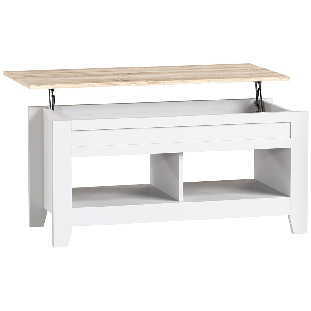 Table basse relevable étagères et compartiment caché bois blanc