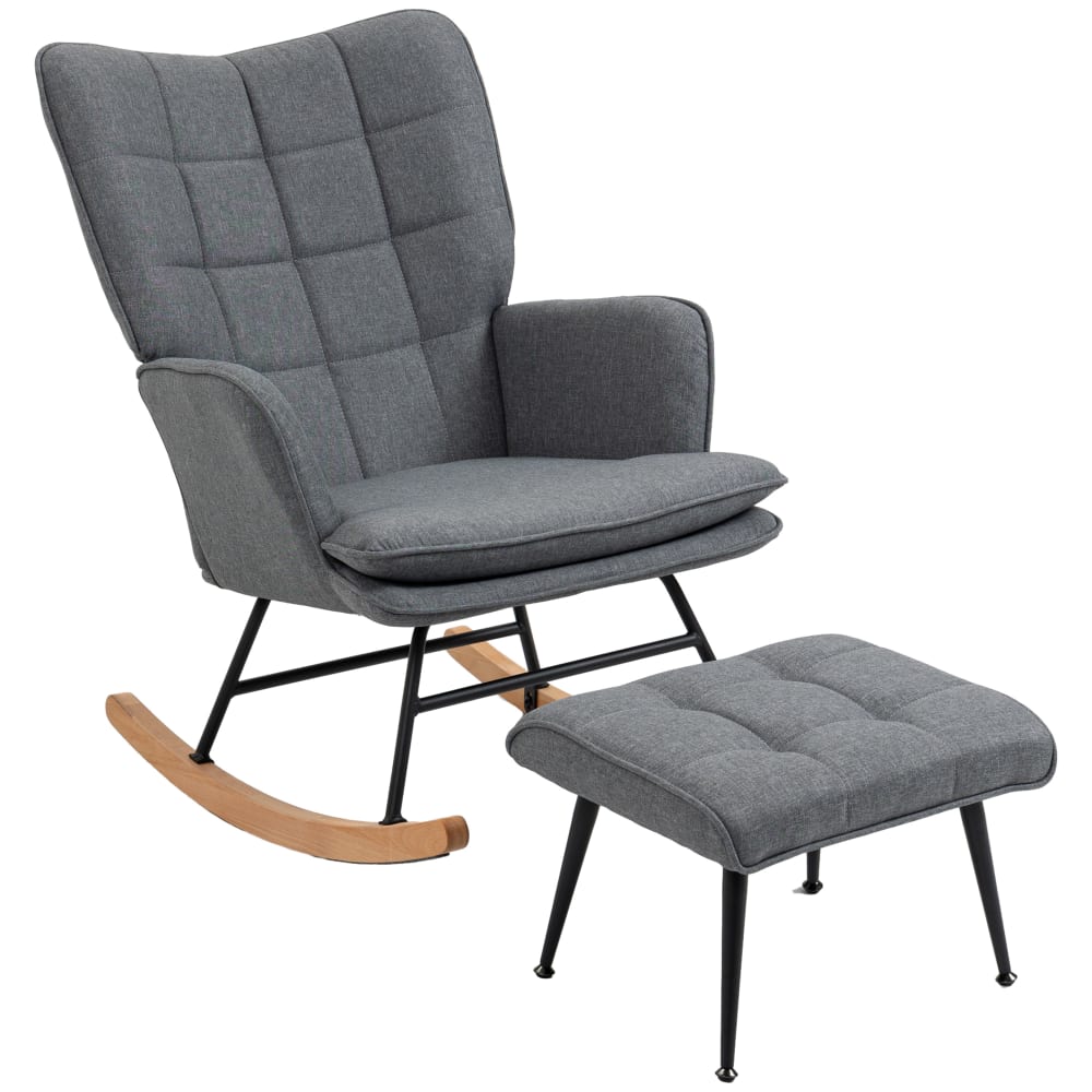 Fauteuil à bascule avec repose-pieds coussin tissu aspect lin gris