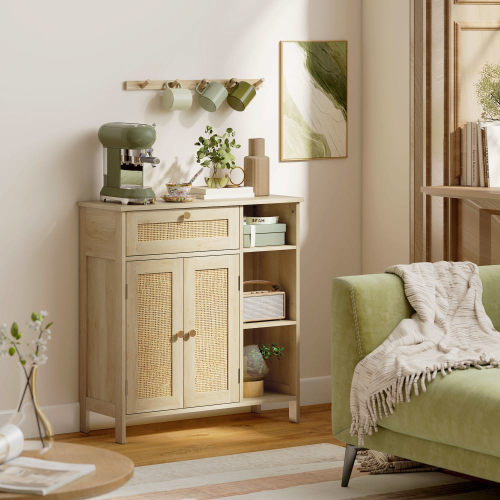 Buffet 2 portes en rotin panneau de particules et mdf bois naturel