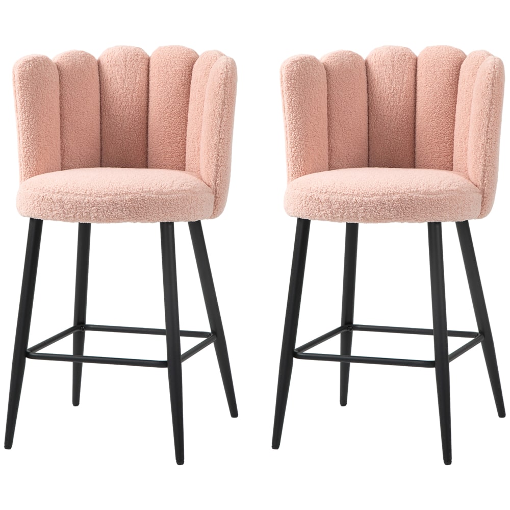 Lot de 2 tabourets de bar dossier tissu effet laine bouclée rose