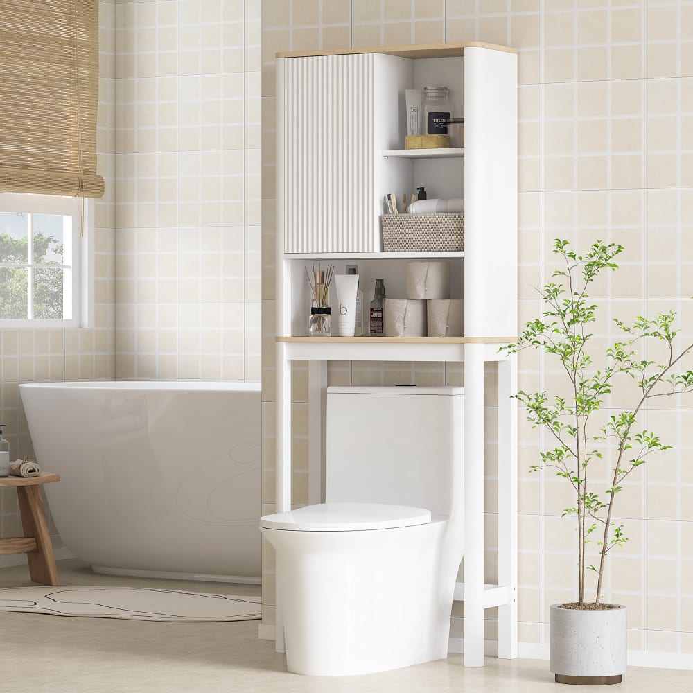 Meuble WC dessus de toilette porte cannelée MDF blanc