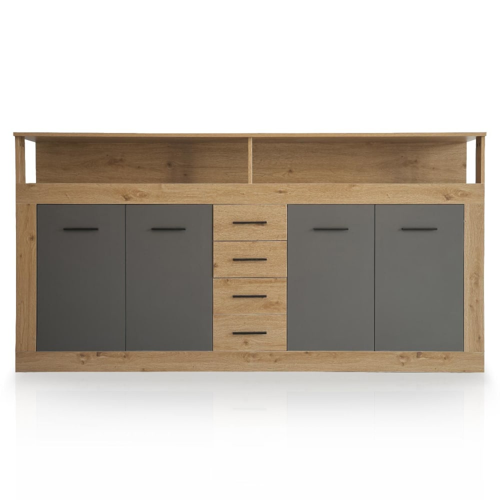 Buffet style industriel l190cm 4 portes er 4 tiroirs chêne et gris