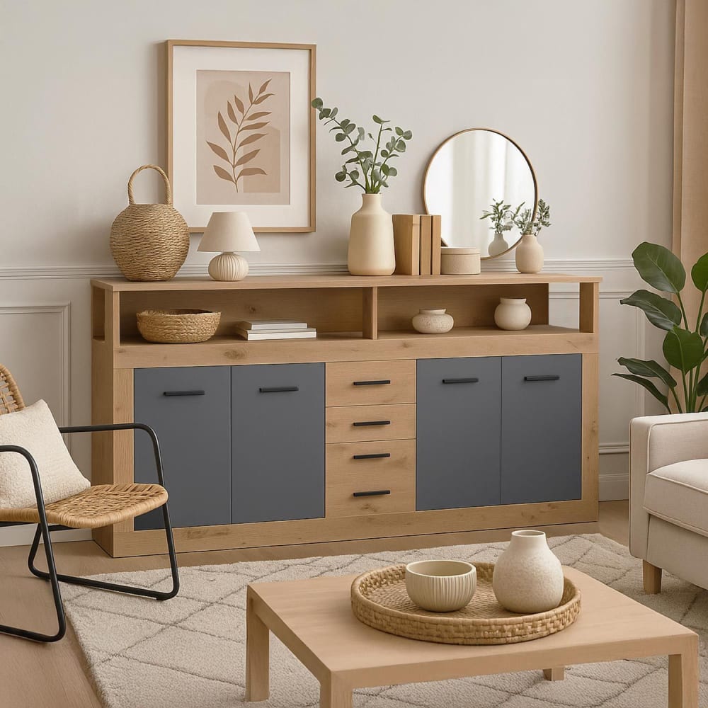 Buffet style industriel l190cm 4 portes er 4 tiroirs chêne et gris