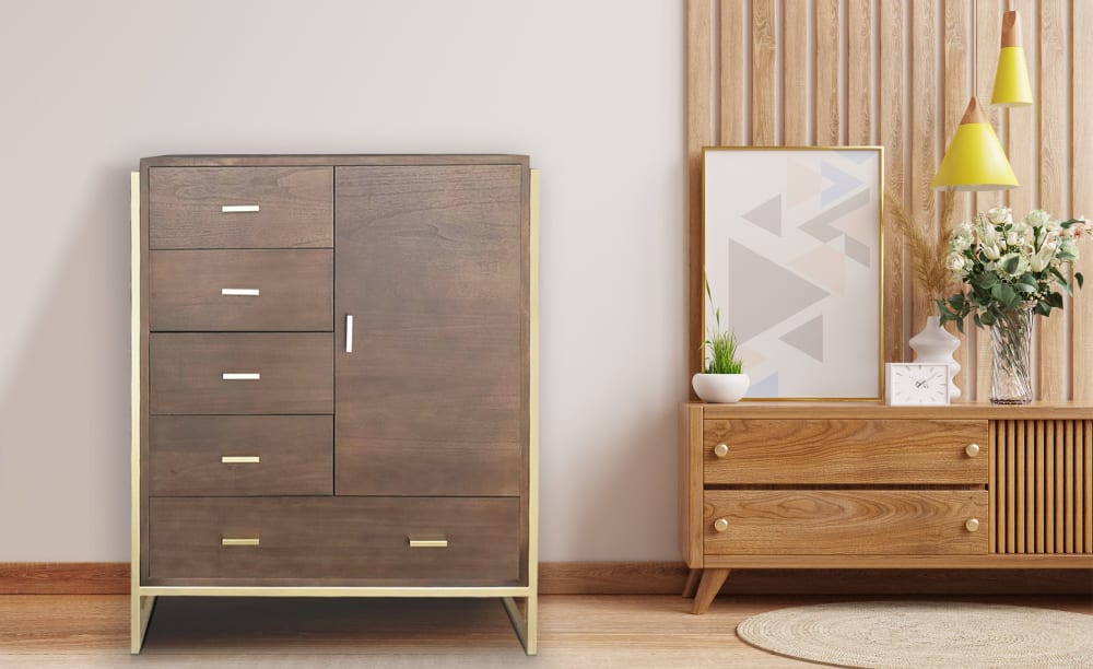 Buffet haut 5 tiroirs et 1 porte l90cm bois marron et métal or