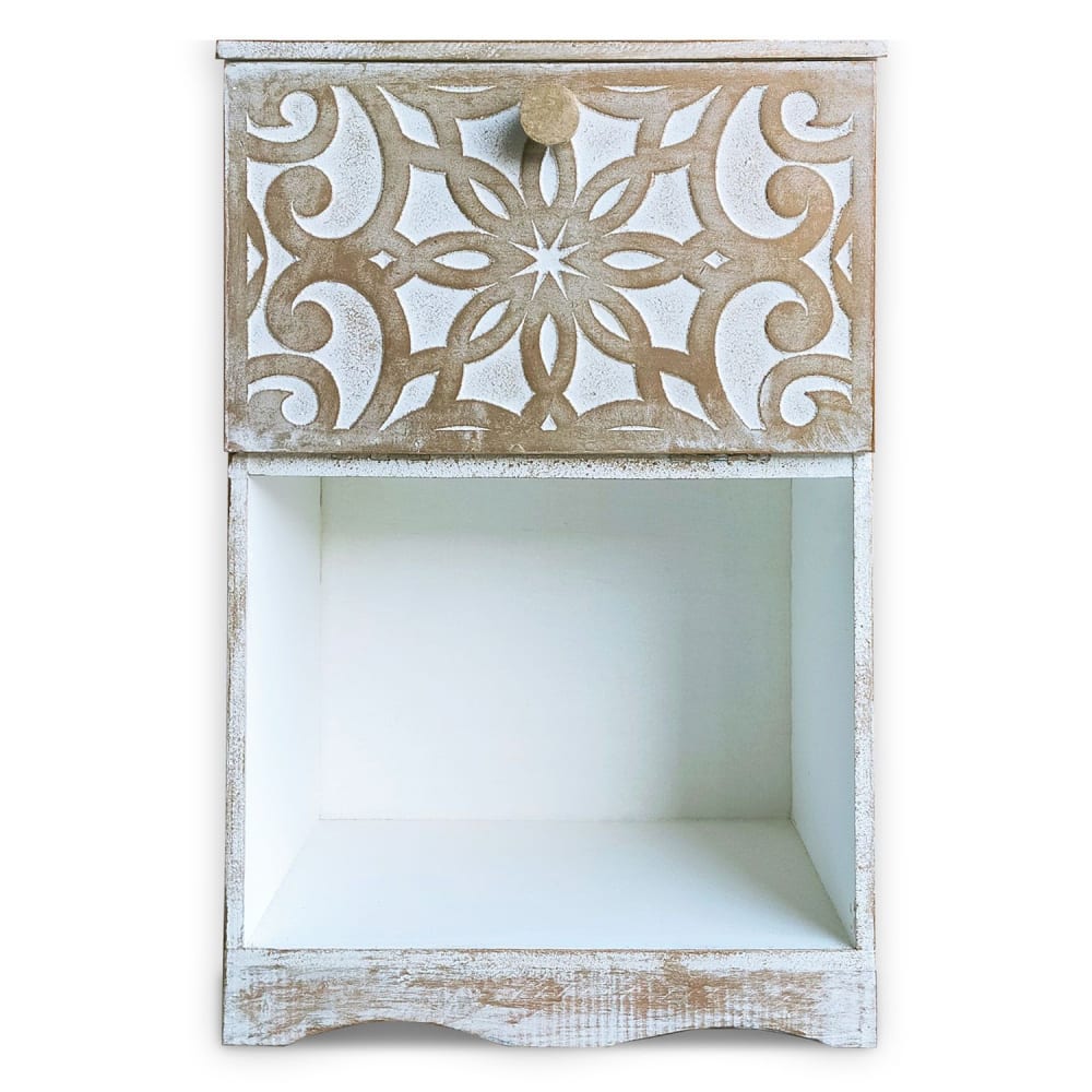 Table de chevet style oriental bois sculpté 1 porte blanc patiné or