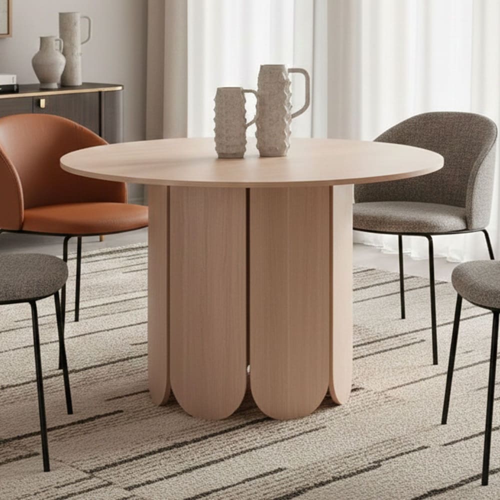 Table ronde style japandi extensible 310cm rallonges intégrées bois