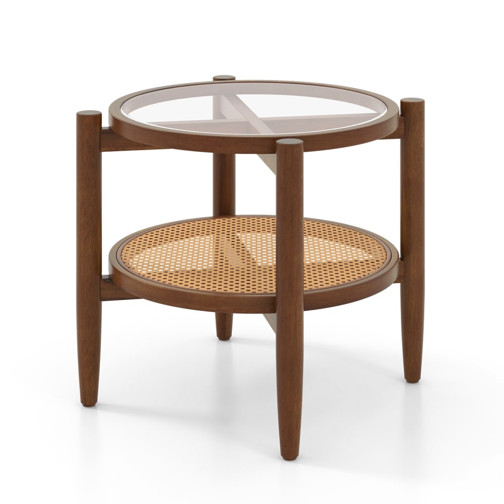 Table basse ronde en bois verre rotin 2 niveaux 56 x 56 x 46 cm marron
