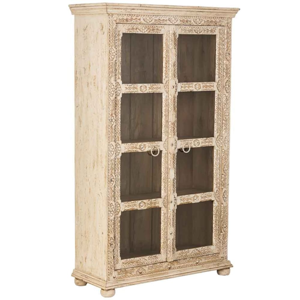 Vitrina de madera tallada acabado artesanal beige 106x43x180h cm