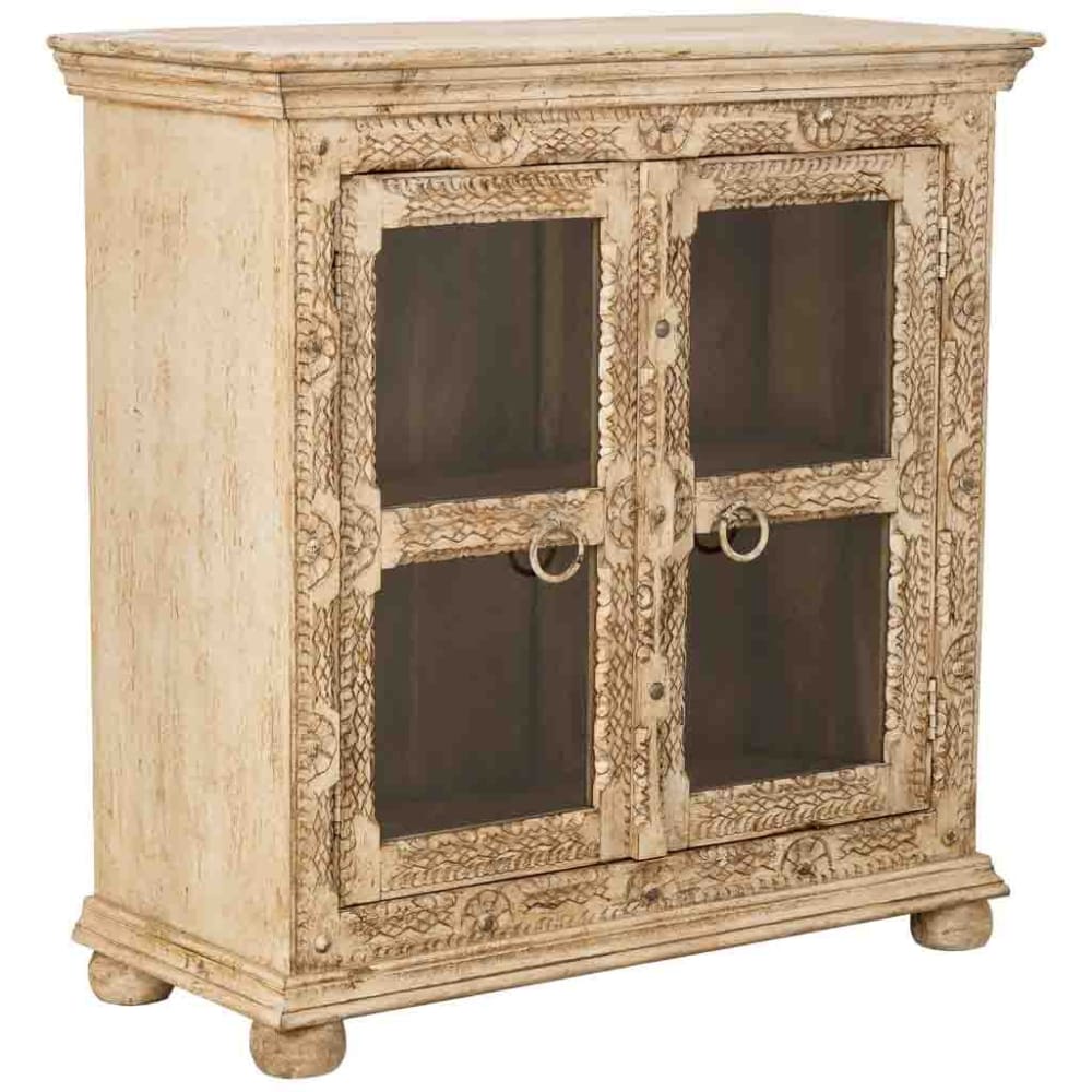 Wanderlust deco Handgefertigtes Sideboard aus Holz mit 2 Türen, 97x43x100 cm, weißen style exotic Beige Holz