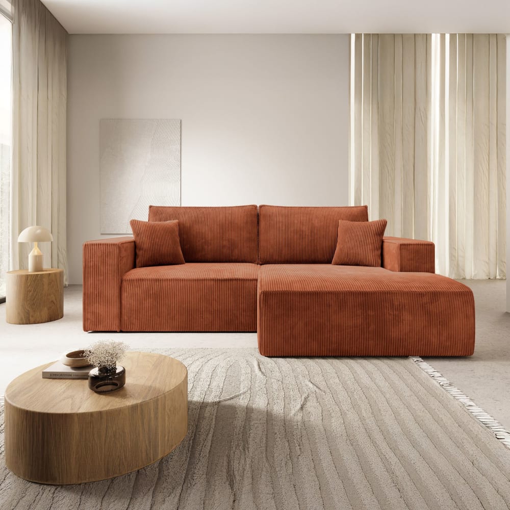 Canapé d’angle convertible, en velours côtelé cuivre, droite