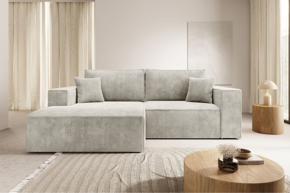 Canapé d’angle convertible, en velours côtelé gris-beige, gauche