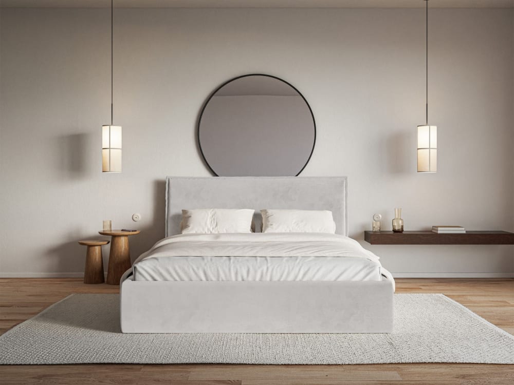 Lit tapissé 160×200 avec coffre et sommier, velours, gris clair