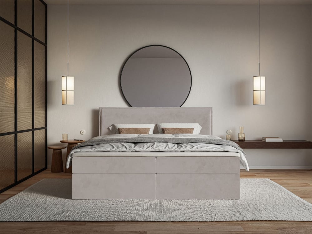 Lit boxspring 180x200 avec surmatelas, en velours déperlant, brun-gris