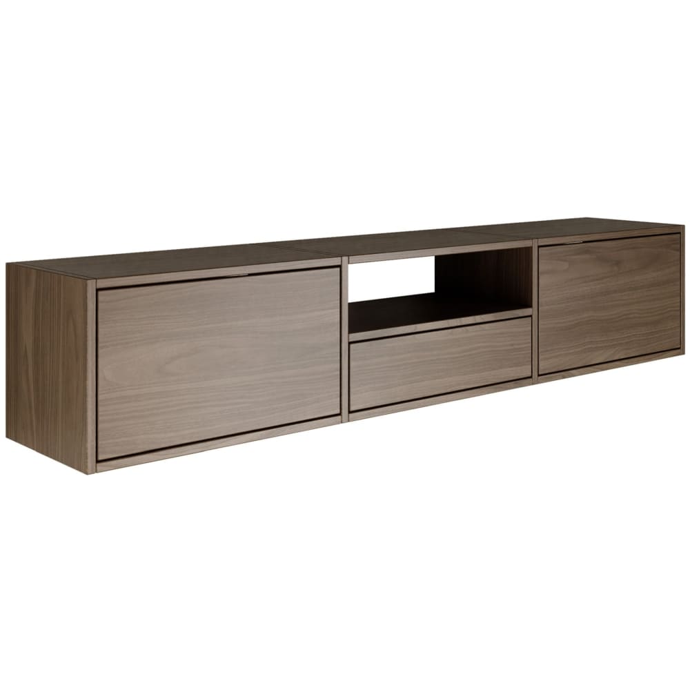Meuble tv suspendu à 3 abattants et étagère, aspect noyer, 150 cm Meuble tv suspendu à 3 abattants et étagère, aspect noyer, 150 cm