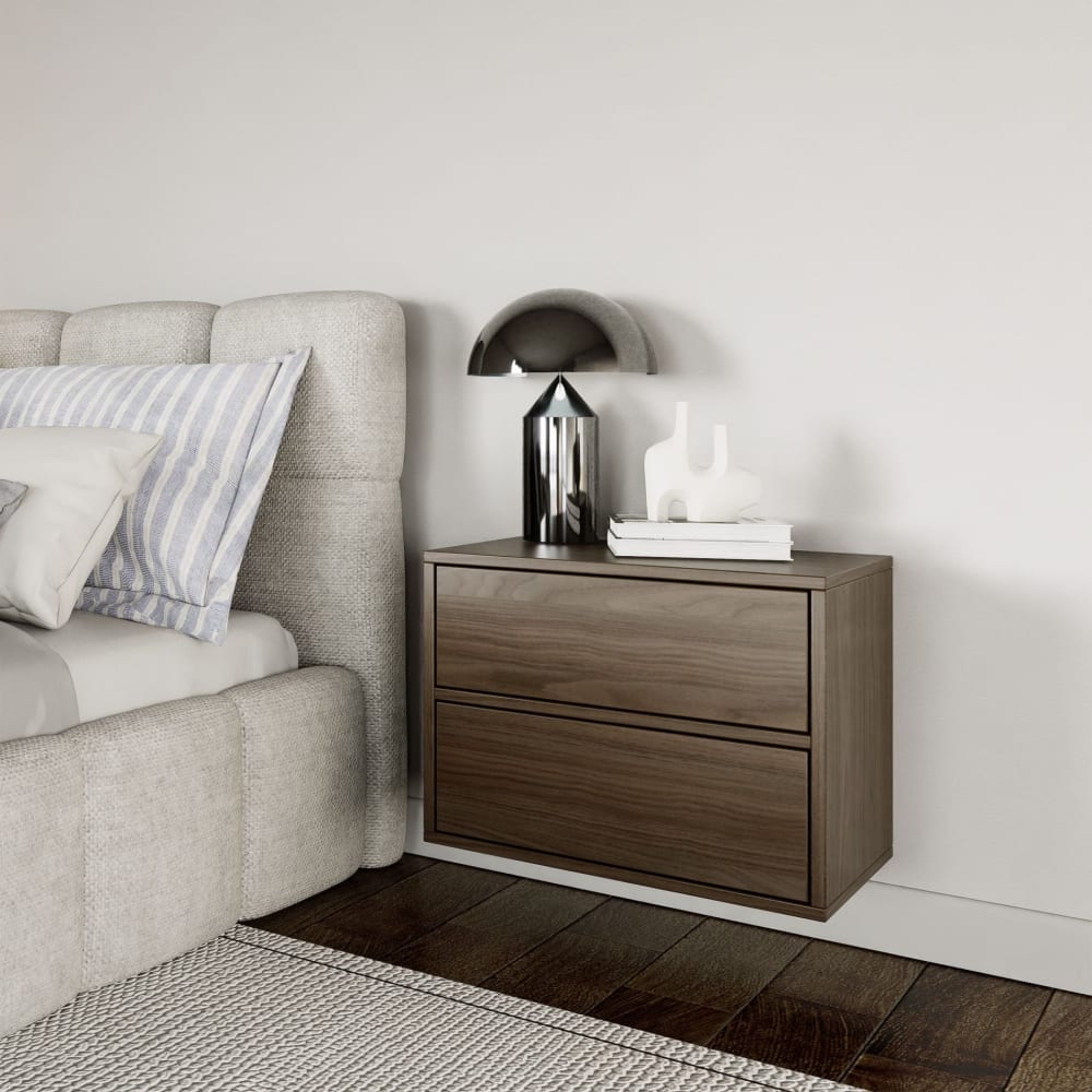 Table de chevet suspendue avec 2 tiroirs, effet bois noyer, 50 cm