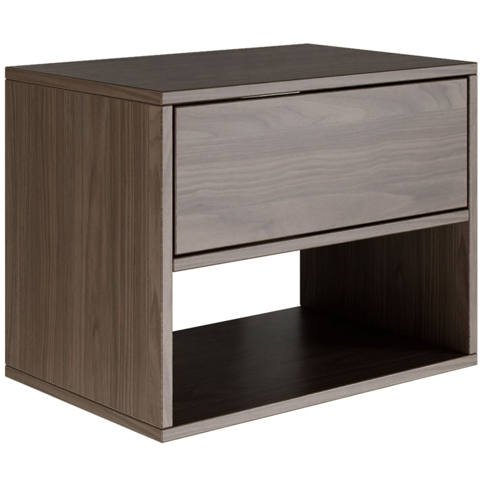 Table de chevet suspendue, tiroir et niche, aspect noyer, 50 cm Table de chevet suspendue, tiroir et niche, aspect noyer, 50 cm
