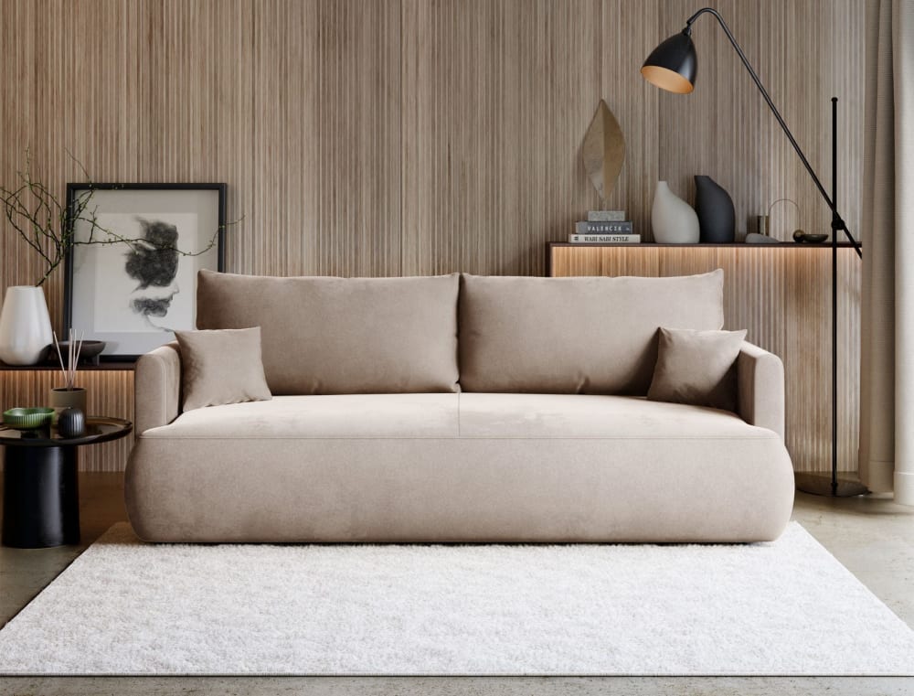 Canapé convertible 3 places, velours easy-clean, beige