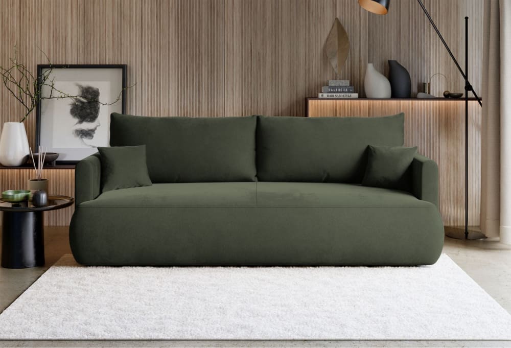3-Sitzer Schlafsofa mit Bettkasten, Velours Easy-Clean, olivgrün