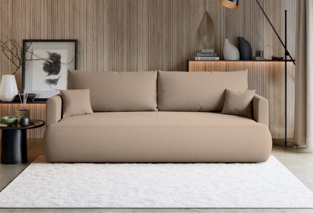 Canapé convertible 3 places, chenille easy-clean, beige
