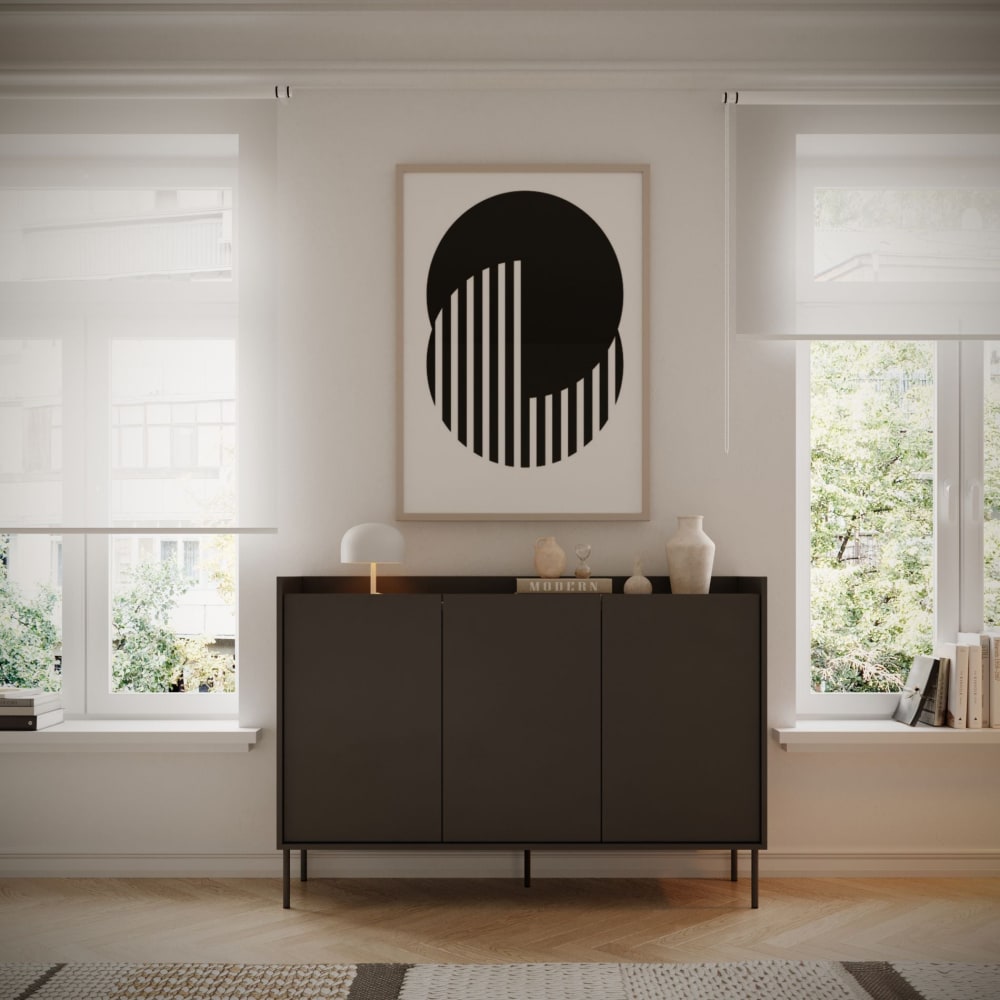 Sideboard 3-türig, 140 cm, Schwarz / Holzoptik Nussbaum - Maisons
