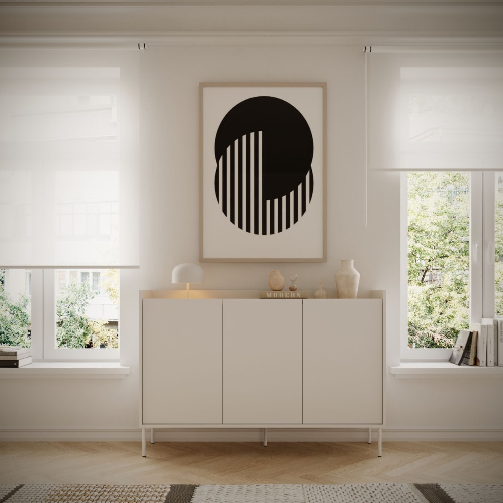 Sideboard 3-türig, 140 cm, Weiß / Holzoptik Eiche - Maisons Du