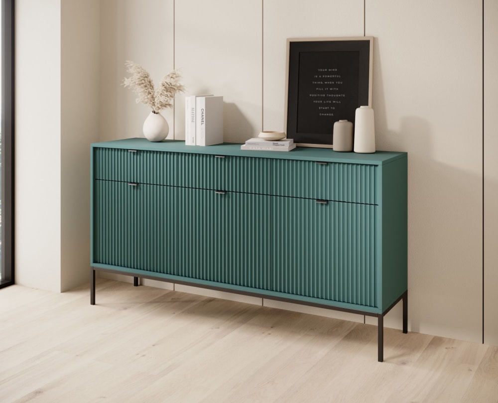 Buffet 3 portes vert avec pieds noirs 154 cm